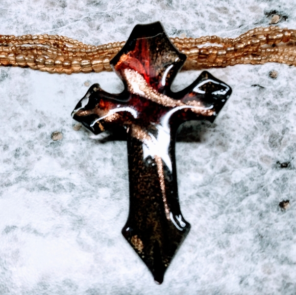 Glass Cross Necklace in Bronze/Gold/ Black - Picture 3 of 8